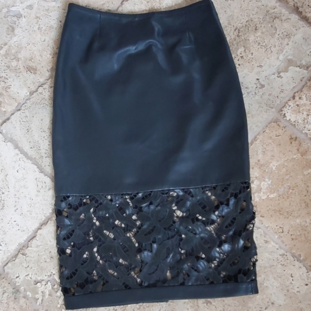 LEATHER MARCIANO BLACK PENCIL SKIRT SZ 0 - Picture 5 of 7